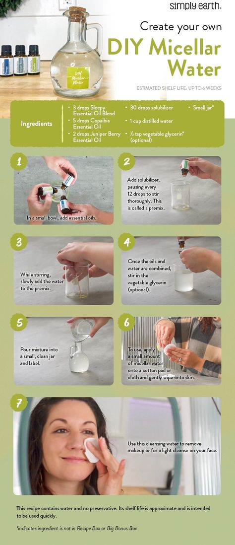 Introducing: DIY Micellar water. Micellar water is a water-based, gentle, all-in-one cleanser that requires no rinse and is effective in getting rid of makeup, oil, grime, and other debris on the skin. With this simple 5-ingredient recipe, you save time on skincare and money on multiple products. Diy Micellar Water, Silky Legs, Juniper Berry Essential Oil, Copaiba Essential Oil, Diy Serum, Simply Earth, Face Oils, Yl Oils, Acne Treatments