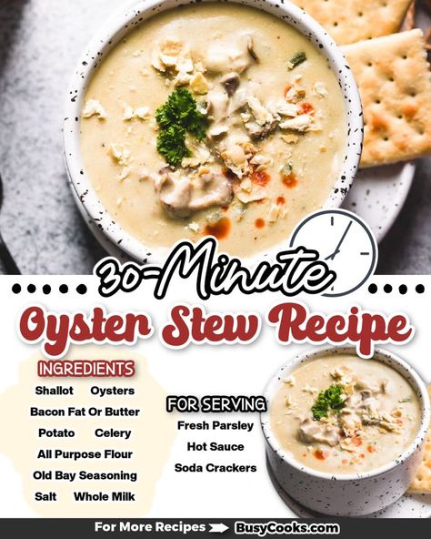 This super easy oyster stew recipe makes thick, creamy and rich soup! While most recipes don't call for potatoes, we find ours even better with it. Easy Oyster Stew, Crockpot Oyster Stew, Oyster Stew With Potatoes, Oyster Stew Recipes Best, Easy Oyster Stew Recipes, Oyster Stew With Fresh Oysters, Oyster Soup Recipe, Oyster Stew Recipes, Steamed Oysters