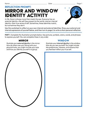 Reflection Prompt: Mirror and Window Identity Activity | Worksheet | Education.com Printable Mindfulness Worksheets, Mindfulness Worksheets, Reflective Writing, Ixl Learning, Reflection Activities, Activity Worksheet, Preschool Reading, 2nd Grade Worksheets, Social Emotional Skills