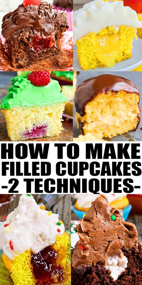 Learn how to make easy filled cupcakes with jam, peanut butter, Nutella frosting, ganache and much more. Two different but simple techniques are explained. From CakeWhiz. How To Fill Cupcakes With Jam, How To Make Stuffed Cupcakes, How To Stuff Cupcakes, Stuffed Cupcakes Easy, How To Make Filled Cupcakes, How To Put Filling In Cupcakes, Filled Mini Cupcakes, Filled Cakes Ideas, Easy Cupcake Filling Ideas