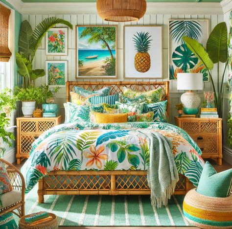 Caribbean House Decor, Bedroom Tropical Style, Tropical Houses Interior, Caribbean Interior Design, Tropical Bedroom Ideas, Ocean Inspired Bedroom, Hawaii Bedroom, Modern Tropical Decor, Bungalow Extension