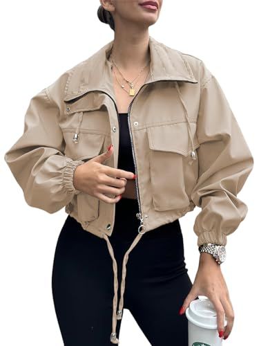 Tankaneo Womens Cropped Jacket Zip Up Lightweight Oversized Utility Anorak Coat with Pockets Womens Cropped Jacket, Fall Outfit Inspiration, Outfit Inspiration Women, Stylish Fall Outfits, Cropped Zip Up, Early Fall Outfit, Casual Jackets, Outfit Inspiration Fall, Casual Vest