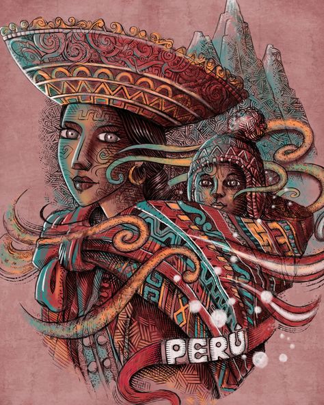 Ilustración para Looch Copyright: Looch Peruvian Pattern, Inca Art, Peruvian Art, Knitted Baby Blanket, Hawaii Beaches, Peru, Street Art, Tattoo Designs, Illustration Art