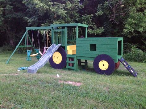 Tractor playset...Grayson would love this. Kids Garden Toys, Diy Kids Playground, Backyard Playset, Outdoor Playset, Toddler Outdoor, Playground Ideas, Kids Garden, Kids Outdoor Play, Outdoor Play Area