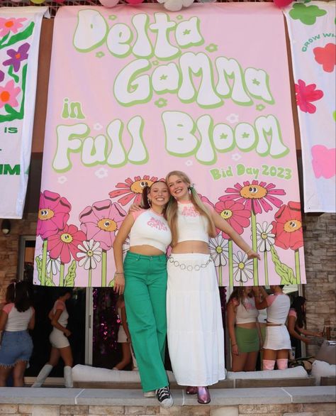 Spring Recruitment Ideas, Floral Bid Day Theme, Flower Bid Day Theme, Where The Grass Is Greener Bid Day, Spring Bid Day Themes, Floral Bid Day, Recruitment Themes Sorority, Phi Mu Bid Day Themes, Delta Gamma Bid Day Themes