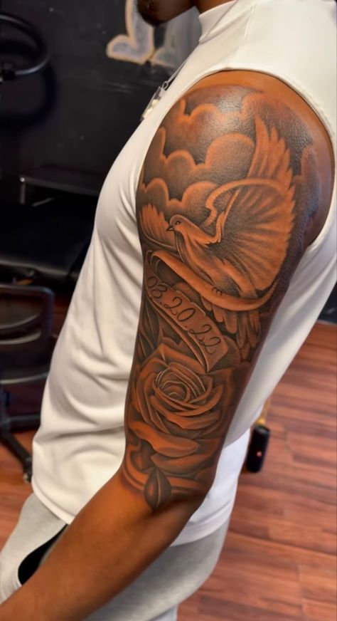 Male Half Sleeve Tattoo, Bicep Half Sleeve Tattoo Men, Rip Tattoos For Men Bicep, Rip Tattoos For Men Shoulder, Old English Tattoo Ideas For Men, Right Upper Arm Tattoo, Shoulder Tattoo For Guys, Rip Arm Tattoo Men, God Tattoos For Men Shoulder