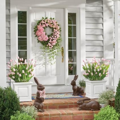 Pink Spring Tulip Wreath | Grandin Road Long Front Porch, Easter Front Porch Decor, Easter Front Porch, Spring Front Porch Decor, Easter Porch Decor, Spring Porch Decor, Hydrangea Not Blooming, Tulip Wreath, Front Porch Decor