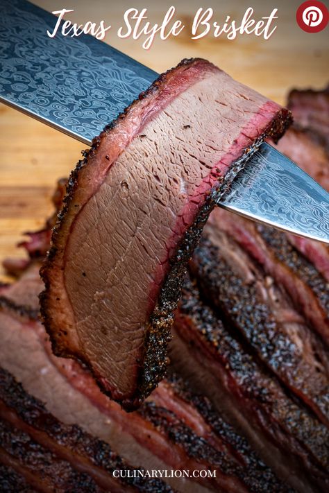 Texas Style Smoked Beef Brisket sliced and bent over a chef knife Pellet Grill Brisket, Smoker Brisket, Smoked Beef Brisket Recipes, Grilled Brisket, Texas Brisket, Brisket Recipes Smoked, Beef Ribs Recipe, Brisket Recipe, Beef Brisket Recipes