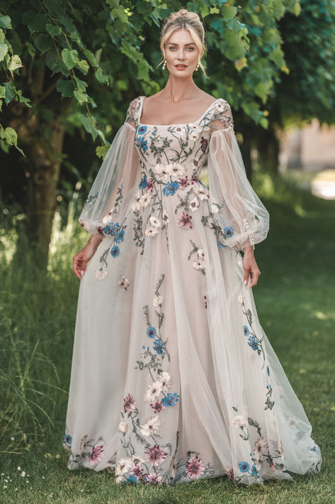 BR1006 Tulle A Line Wedding Dress, Embellished Wedding Dress, Colored Wedding Dress, Embroidery Tulle, Colorful Embroidery, Floral Wedding Dress, A Line Wedding Dress, Fairytale Dress, Embroidered Wedding