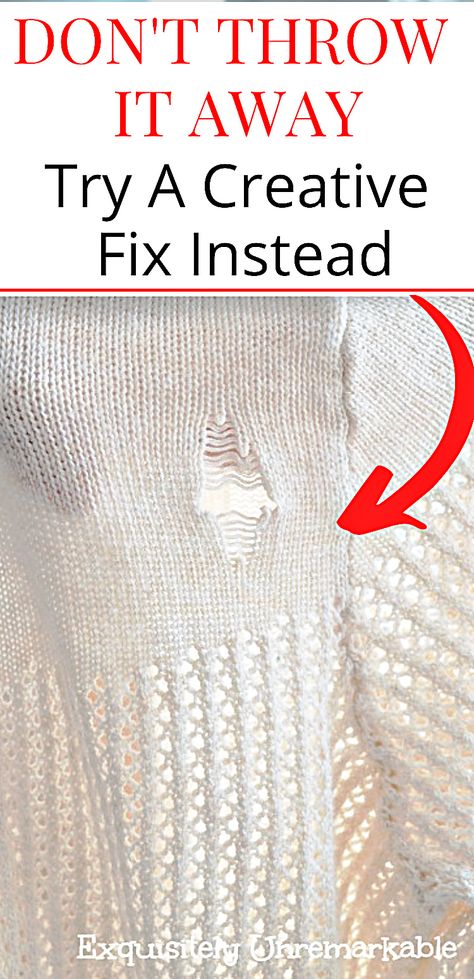 Creative fix for a sweater hole Mending A Hole In A Sweater, Dress Repair Ideas, Fixing Holes In Sweaters, Hole In Sweater Repair, Fixing A Hole In A Sweater, Fix Holes In Clothes, Fix Hole In Sweater, Sweater Hole Repair, How To Fix A Sweater Hole