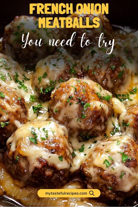 Experience the irresistible flavors of Savory French Onion Meatballs! Juicy meatballs infused with rich onion flavor, topped with melted cheese, and served in a delicious sauce. Perfect for appetizers or a cozy dinner! French Onion Meatballs Recipe, French Onion Meatballs, Onion Meatballs, Juicy Meatballs, Pork Sausage Recipes, Savory Meatballs, Beef Steak Recipes, Easy Weekday Meals, Meatball Recipes Easy