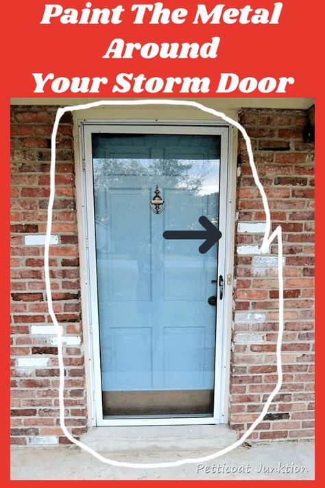 Learn how to paint a metal storm door. Storm Door Diy, Exterior Storm Doors Front Entry, Exterior Front Door Trim Ideas, Paint Metal Door Frame, Paint Screen Door Metal, Wood Door With Black Storm Door, Painting An Exterior Metal Door, Black Front Door White Storm Door, Paint Metal Screen Door