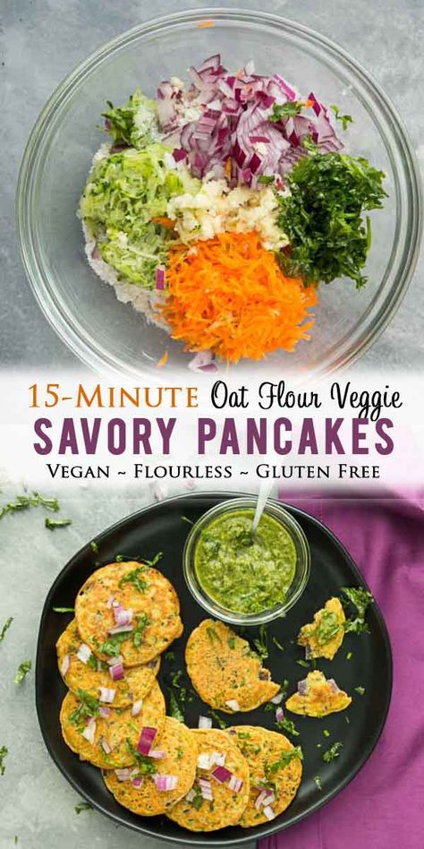 15-Minute Vegan Savory Oat Flour Vegetable Pancakes! Gluten-free, healthy, contains protein, and perfect for the entire family! Serve these for breakfast, lunch, snack, or even brunch! #veganpancakes #vegetablepancakes #oatflour #savorypancakes #veganbreakfast #healthyeats #veganeats #oatflourrecipes #oatflourpancakes Breakfast With Vegetables Ideas, Vegan Savory Pancakes, Easy Savory Vegan Breakfast, Vegan Savory Breakfast, Vegan Brunch Ideas, Healthy Savory Breakfast, Savory Vegan Breakfast, Vegetables For Breakfast, Savory Oats