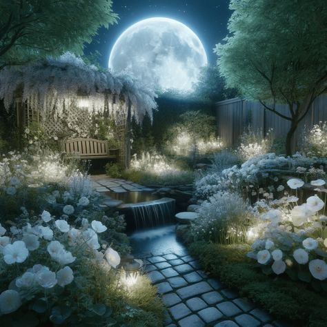 Moonlit Garden Theme, Moon Gardens At Night, Whimsical Front Yard, Moon Garden At Night, Moon Garden Ideas, Moon Gardening, Nighttime Garden, Cloud Garden, Golden Bachelor