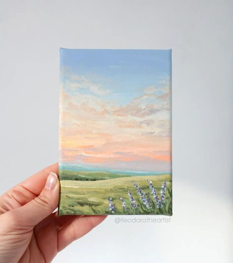 Small Canvas Scenery Painting, Paint Ideas Small Canvas, Cute Paintings Acrylic, Home Painting Decor, Simple Mini Painting Ideas, Basic Canvas Painting Ideas, Small Canvas Art Aesthetic, Tiny Paintings Ideas Easy, Painting Set Up