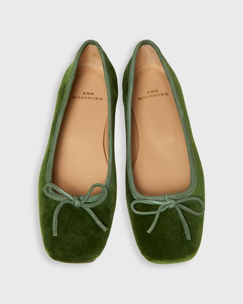 Square-Toe Ballet Flat in Avocado Velveteen | Shop Ann Mashburn Winter Shoes For Women Work Business Casual, Ballet Flats 2024, Ballet Flats And Jeans, Women’s Shoes, Styling Flats, Green Ballet Flats, Outfit Rotation, Cheetah Print Flats, Dressy Flats