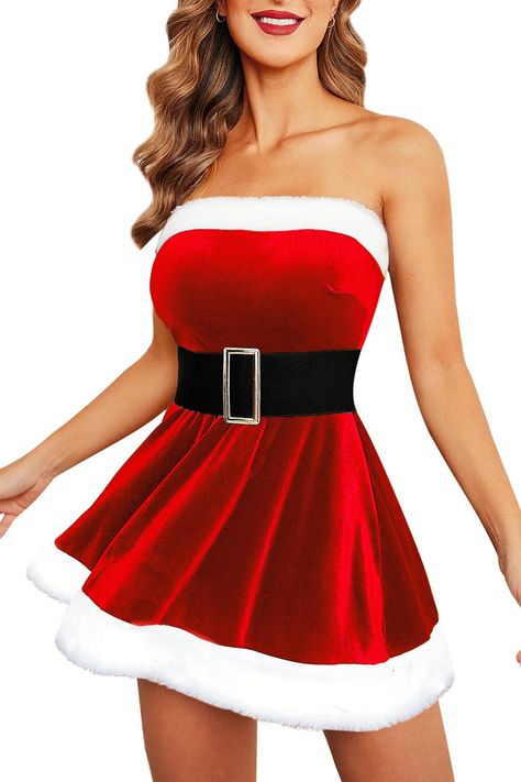 Santa Dress Women, Mrs Clause Costume, Women Christmas Outfits, Christmas Dress Outfit, Bestie Photoshoot, Christmas Nightgowns, Santa Claus Outfit, Santa Belt, Flared Skater Skirt