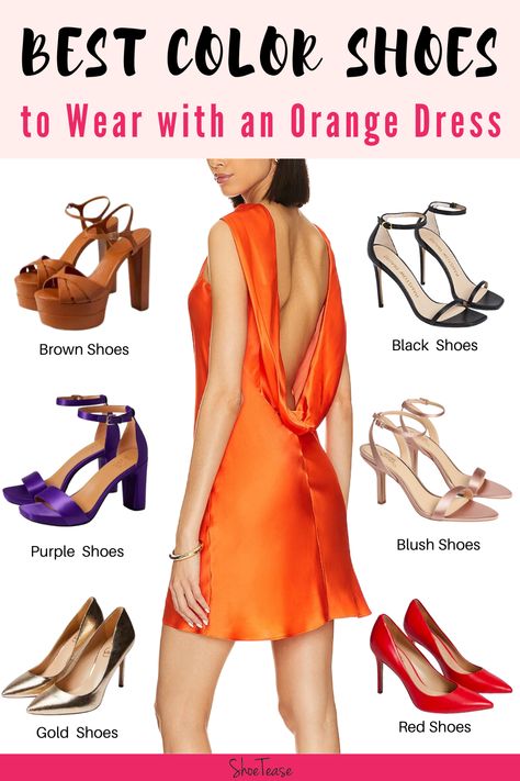 Colors That Match With Orange Outfits, Orange Dress Shoes Outfit, Dark Orange Dress Outfit, Orange Dress With Heels, Orange Dress Winter Outfit, Shoes For Burnt Orange Dress, Styling Orange Dress, Burnt Orange Dress Accessories, Orange Dress Accessories Color Combos