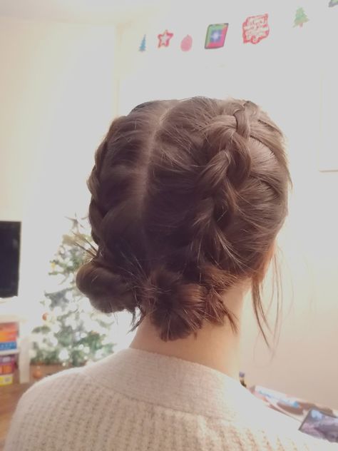 Dutch braids into 2 low space buns Dirndl, Balayage, Dutch Braids Into Two Low Buns, Braided Space Buns Low, Dutch Braid Space Buns Tutorial, 2 Braid Bun Hairstyles, Two Braids Into Low Bun, Curly Hair Low Space Buns, Braided Pigtail Buns