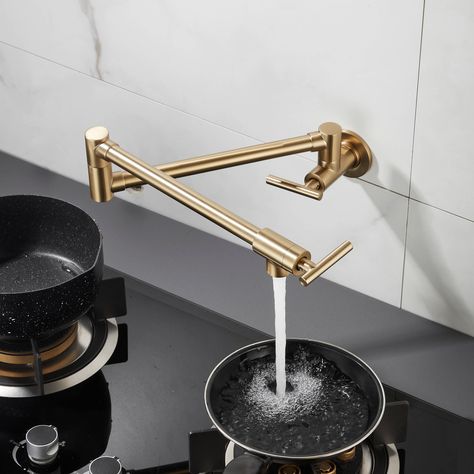 Feature    Dual jointed swing spout, used for only cold water or only hot water, one hole inlet wall mount.    360°Rotatable Faucet: Forious pot filler faucet with a 360° swing arm two-handle design is convenient to fill pots on your stove quickly… Pot Filler Kitchen, Natural Wood Kitchen, Filtered Water Faucet, Linen Headboard, Water Spout, Pot Filler Faucet, Pot Filler, Wall Mount Faucet, Kitchen Pot