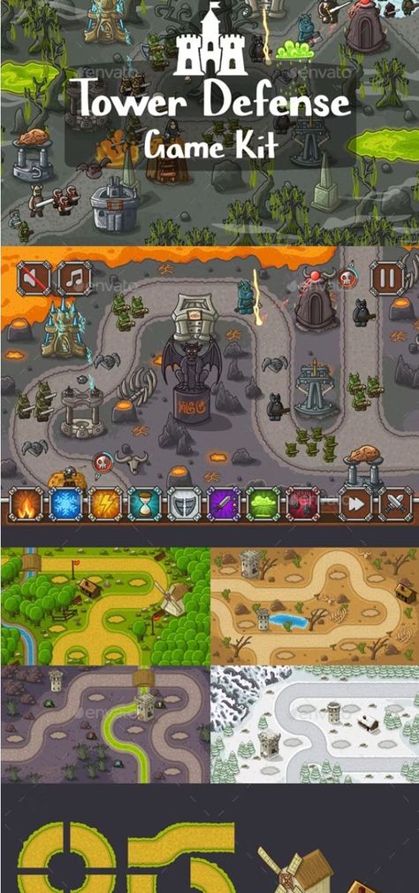 King Tower Of Fantasy Game, Tower Battle Map, Town Hall 7 Base Layout Defense, Tower Defense Game Design, Pixel Art Tower Defense, Types Of Magic, Tower Defense, Game Interface, Defense