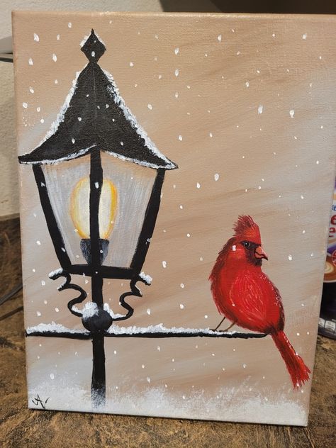 Acrylic painting snow cardinal Christmas Lantern Painting, Lantern Painting Ideas, Street Lamp Painting, Yule Diy, Lamp Painting, Christmas Lantern Ideas, Sister Things, Lantern Painting, Lantern Ideas