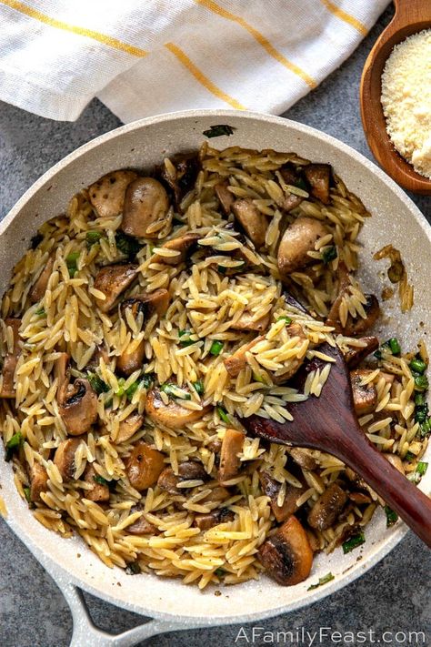 Orzo with Mushrooms, Scallions and Parmesan - A delicious pasta dish made with orzo and mushrooms in a light sauce flavored with chicken stock, marjoram,scallions, and parmesan cheese. Hot Orzo Recipes Dinners, Ez Dinner Ideas, Dinner Ideas For 4 People, Orzo Recipes Mushroom, Recipes With Scallions, Orzo Mushroom Recipes, Breakfast With Mushrooms, 3 Course Meal Menu Ideas, Fun Vegetarian Recipes