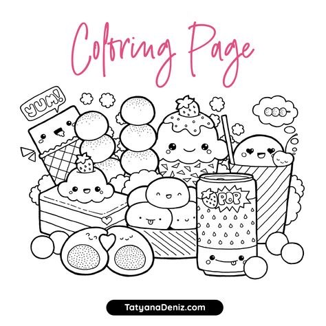 Free coloring page with kawaii food doodle. Enjoy these kawaii cupcakes, desserts, and sweets! Candy Doodles, Food Doodle, Dessert Coloring Pages, Cute Food Coloring Pages, Kawaii Food Drawings, Kawaii Sweets, Food Doodles, Food Coloring Pages, Doodle Coloring