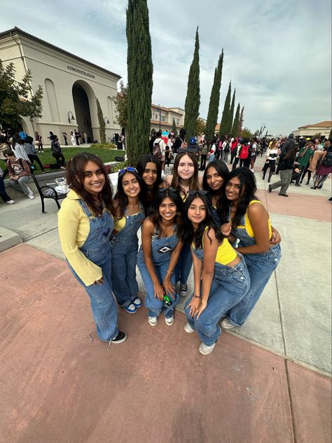 Minions, Minion Movie Outfit, Celeb Spirit Day, Disney Hoco Theme Outfits, Cheer Dress Up Days, Clique Day Spirit Week, Twin Dat Spirit Week Outfits, Quad Group Halloween Costumes, Minion Football Theme Outfit