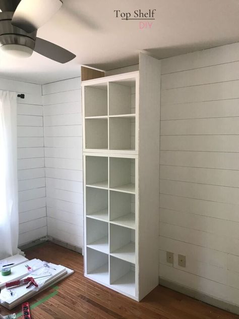 Kallax Floor To Ceiling, Ikea Floor To Ceiling Storage, Floor To Ceiling Cube Storage, Kallax Base Hack, Stacking Kallax Shelves, Diy Storage Shelves With Doors, Homeschool Cube Storage, Diy Kallax Shelf, Kallax Bathroom Storage