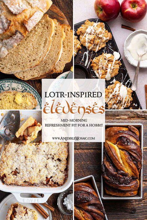 Hobbit elevenses (or morning tea) pairs a tasty baked good recipe with a cuppa for relaxing mid-morning snack. The perfect blend of fall vibes and cozy cottagecore aesthetic all wrapped up in a Tolkein-inspired hobbit meal. 🥰 Lord Of The Rings Bread Recipe, Hobbit Breakfast Recipes, Lotr Charcuterie Board, Elevenses Food, Lord Of The Rings Snacks Food Ideas, Hobbit Feast Food Ideas, Hobbit Bread, Hobbit Meals Recipes, The Hobbit Recipes