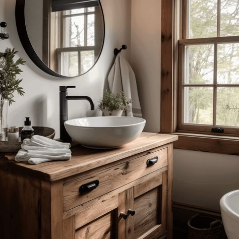 12 Farmhouse Rustic Bathroom Ideas That Will Transform Your Space - Farmhouse Vanity Ideas, Small Bathroom Farmhouse Style, Small Country Bathroom Ideas, Bathroom Rustic Modern, Farmhouse Bathroom Cabinets, Country Rustic Bathroom Ideas, Rustic Wood Vanity, Small Country Bathroom, Farmhouse Rustic Bathroom