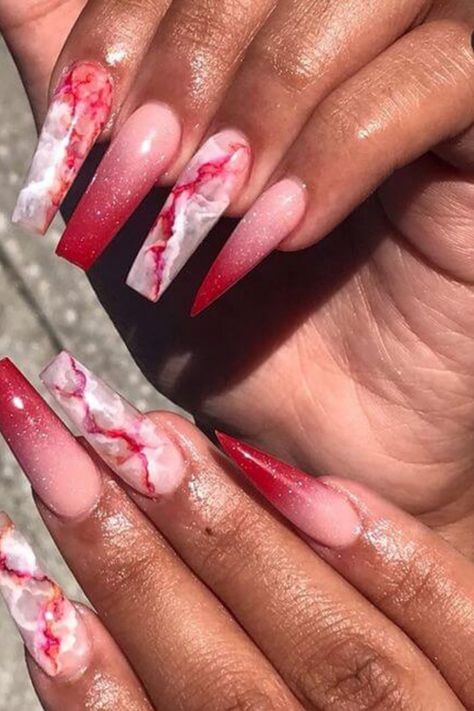 20 Eye-catching Red And White Nails Red Marble Nails, Black Marble Nails, Marble Acrylic Nails, Red And White Nails, Opal Nails, Water Nails, Marble Nail Designs, Marble Nail, Red Acrylic Nails