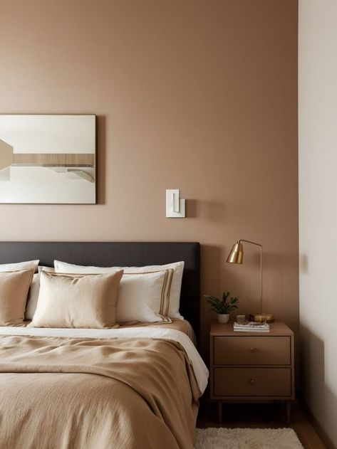 Tan Bedroom With Accent Wall, Accent Wall Bedroom Brown, Master Bedrooms Decor Beige Walls, Accent Wall Bedroom Neutral, Neutral Feature Wall Bedroom, Beige Color Room Bedrooms, Brown Feature Wall Bedroom, Bedroom Design Terracotta, Terracotta Feature Wall Bedroom