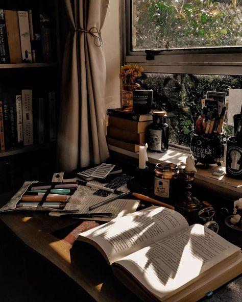 Dark Academia Desk, Room Aesthetic Dark, Dark Academia Room Ideas, Bedroom Aesthetic Cozy, Academia Bedroom, Dark Academia Room, Room Wallpaper Designs, Academia Room, Writers Desk