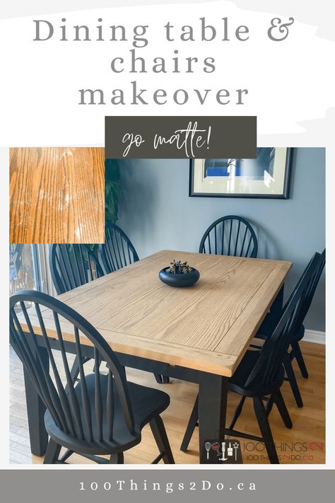 Dining table and chairs makeover - 100 Things 2 Do Dining Table Makover, Repaint Dining Table Diy Wood, Redo Dining Room Chairs, Dining Room Table Diy Redo, Redoing Kitchen Chairs, Diy Painted Dining Room Table And Chairs, Upcycle Oak Dining Table, Dining Chair Upcycle, Black Table Legs With Stained Top