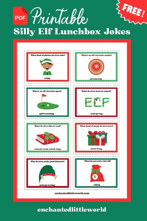 Silly Elf Lunchbox Jokes printable featuring festive jokes for kids, designed with colorful holiday icons like elves, cookies, and gifts. Perfect for adding fun and laughter to kids’ lunchboxes during the Christmas season. Elf Snacks For Kids, Elf Jokes For Kids, Elf On The Shelf Notes, Elf Jokes, Elf On The Shelf Printables, Lunchbox Jokes, Kids Lunches, Lunch Box Notes, Music Do