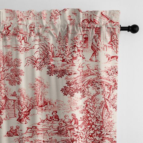 Maison Toile Red Drapery Toile Room, Pinch Pleat Draperies, Toile Design, Pleated Drapery, Toile Pattern, Dining Inspiration, Bed Curtains, Drapery Panels, Colorful Curtains