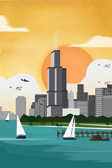 Chicago City Skyline, Scenery Illustration, New York Statue, City Posters Design, Chicago Poster, Building Illustration, My Kind Of Town, Font Illustration, Chicago City