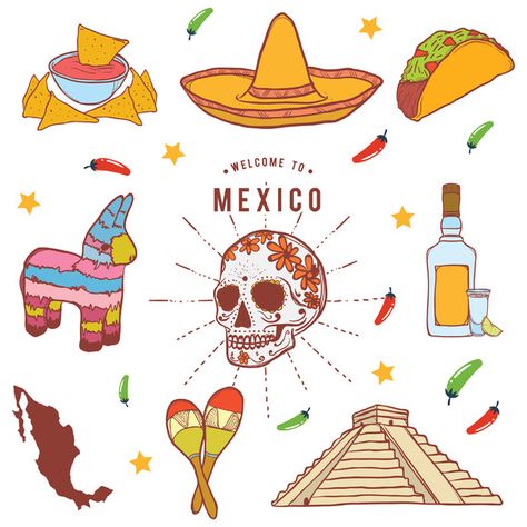 Mexico Icons set by dreamwaves on Creative Market Business Illustration, Taco Nachos, Mexican Folk Art Decor, Mexico Tattoo, Abi Motto, Kunstjournal Inspiration, Travel Icon, Vintage Icons, Creative Sketches