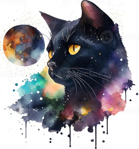 Celestial Black Cat Watercolor Black Cat Watercolor, Black Cat Painting, Cat Watercolor, Diy Cats, Maybe Someday, Watercolor Cat, Cat Diy, Cat Painting, Cat Tattoo