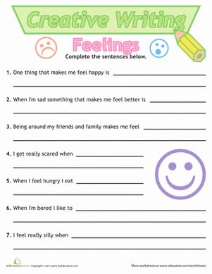 How do you feel when you're with your friends and family? Answer this question and more to describe your feelings in this creative writing worksheet. Practice writing sentences by filling in the blanks to complete the sentences.  For more sentence writing fun, click here.#educationdotcom Creative Writing Worksheets Grade 2, Creative Writing For Grade 1, Practice Writing Sentences, Sentence Writing Worksheets, Writing Feelings, Creative Writing Topics, Creative Writing Worksheets, English Creative Writing, Love Essay