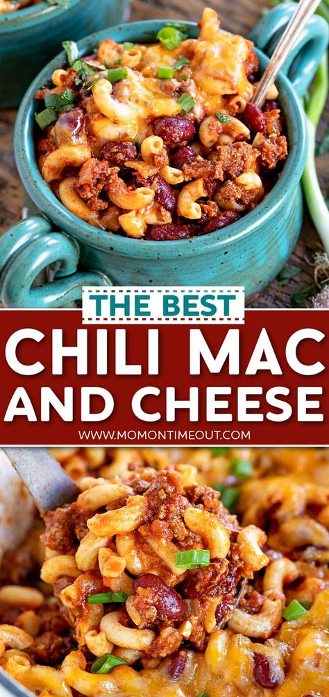 Study Meals, Chili Mac And Cheese Recipe, Easy Chili Mac, Chili Mac Recipe, Classic Chili, Chili Mac And Cheese, Mom On Timeout, Chili Mac, Mac And Cheese Recipe