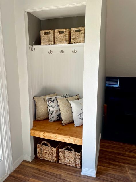 Open Closet Ideas Hallways, Closet Remodel Entryway, Open Closet In Entryway, Turn Hall Closet Into Nook, Entryway Closet Turned Mudroom, Closet Storage Entryway, Turning A Small Closet Into A Mudroom, Tiny Closet Mudroom, Laundry Mud Room Closet