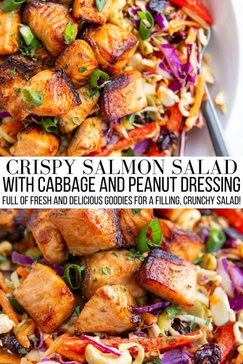 Salmon Healthy Dinner, Salad With Cabbage, Salad Station, Salmon Healthy, Salad Salmon, Dinner Salmon, Crispy Salmon, Sea Food Salad Recipes, Salmon Salad Recipes