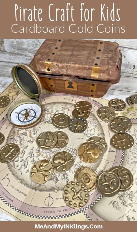 Pirate Spyglass Diy, Diy Pirate Coins, Pirate Party Diy, Treasure Box Diy, Diy Pirate Treasure, Pirate Crafts For Kids, Pirate Gold Coins, Fun Party Crafts, Pirate Craft