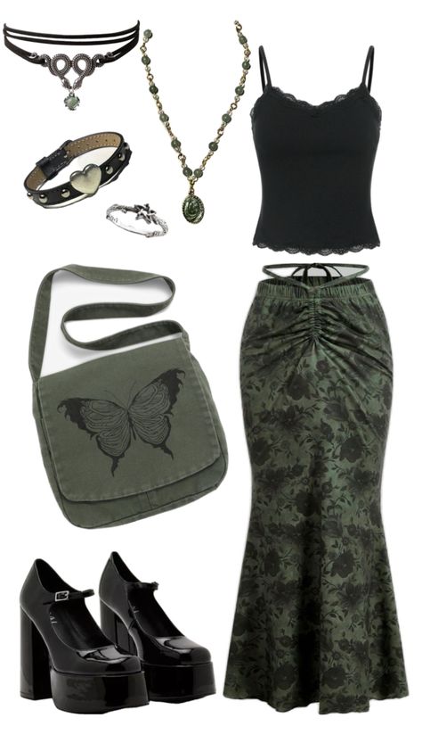 Green Whimsigoth Outfit Witchcore Aesthetic Outfits, Green Grunge Outfit, Green Whimsigoth, Witchy Aesthetic Outfit, Goth Outfits Aesthetic, Green Goth, Goth Outfit Inspo, Earthy Outfits, Goth Outfits