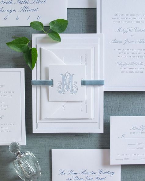 This classic dusty blue wedding invitation with a custom monogram and velvet ribbon is one of my favorites! 💙 #classicbride #classicwedding #custominvitations #customstationery #elegantweddinginvitation #estatewedding #luxuryinvitations #springwedding #summerwedding #weddinginvitation Light Blue Wedding Stationary, Wedding Invitation With Monogram, Blue And White Wedding Stationary, Wedding Invitation Packaging Ideas, Blue White Wedding Invitation, Wedding Invitation Suite Assembly Ribbon, Blue Letterpress Wedding Invitations, Classic Wedding Invitation Suite, Save The Date Ideas Blue