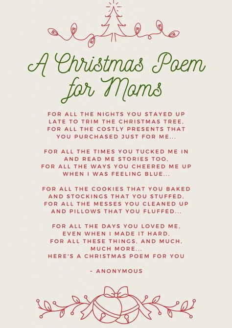 Christmas is a particularly busy time for mums, between present buying, present wrapping, cookie baking and all the organising! We hope you enjoy this very sweet Christmas Poem for Mom: Christmas Qoutes, Merry Christmas Mom, Christmas Card Verses, Christmas Poem, Xmas Quotes, Christmas Card Sayings, Christmas Card Messages, Mom Poems, Mother Poems