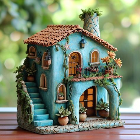 Behold micro masterpieces in the form of handmade clay miniature dwellings, each one a testament to the skill and passion of our artisans. Cute Miniature House, Miniature Clay Art, Miniature Home, Handmade House, Fairy House Crafts, Clay House, Clay Fairy House, Pottery Houses, Fairy Garden Crafts